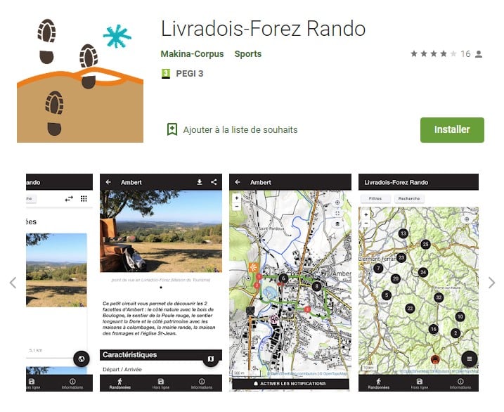 Capture d'écran de l'application mobile randonnées Livradois-Forez