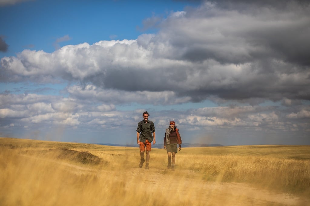 Deux randonneurs dans un paysage de prairie, les Hautes-Chaumes du Forez